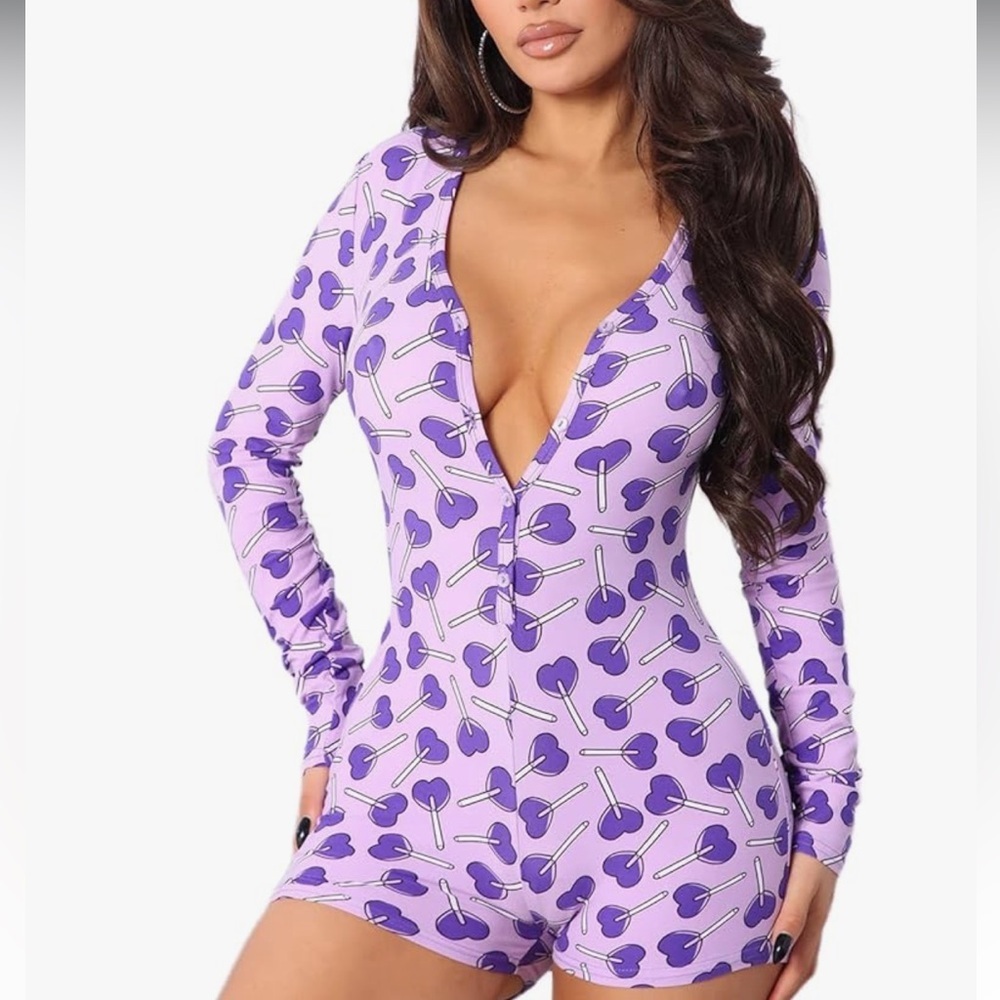 Purple Heart Lollipop Print Long Sleeve Romper Sexy Lounge One Piece Bodysuit